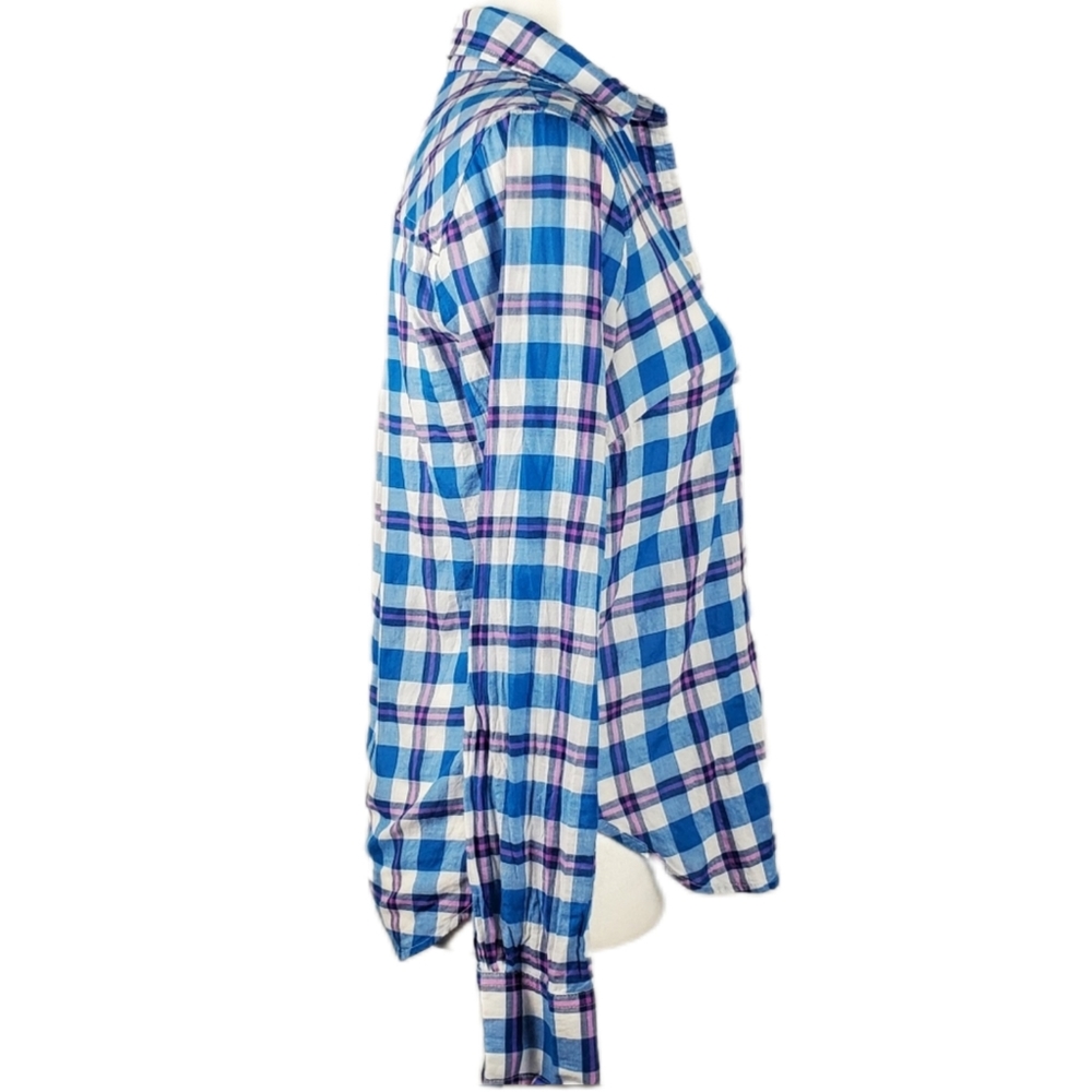 J. Crew classic size 4 blue pink plaid half Button Up Top NWOT - Picture 3 of 6